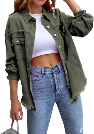ZOCANIA Womens Ripped Denim Jacket Frayed Hem Distressed Jacket Button Front Boyfriend Jean Coat Western Shirt with Pockets