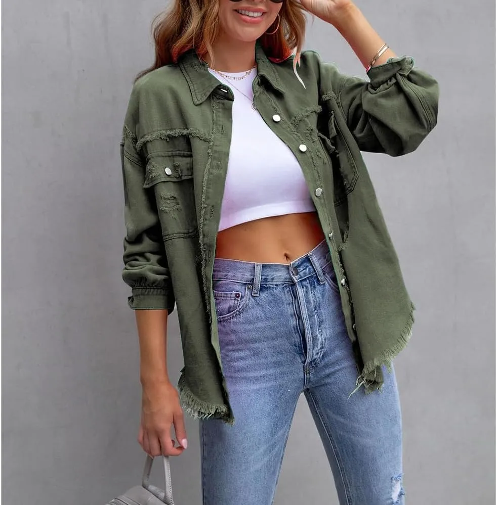 ZOCANIA Womens Ripped Denim Jacket Frayed Hem Distressed Jacket Button Front Boyfriend Jean Coat Western Shirt with Pockets