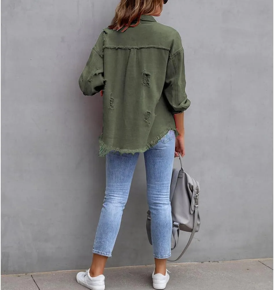 ZOCANIA Womens Ripped Denim Jacket Frayed Hem Distressed Jacket Button Front Boyfriend Jean Coat Western Shirt with Pockets