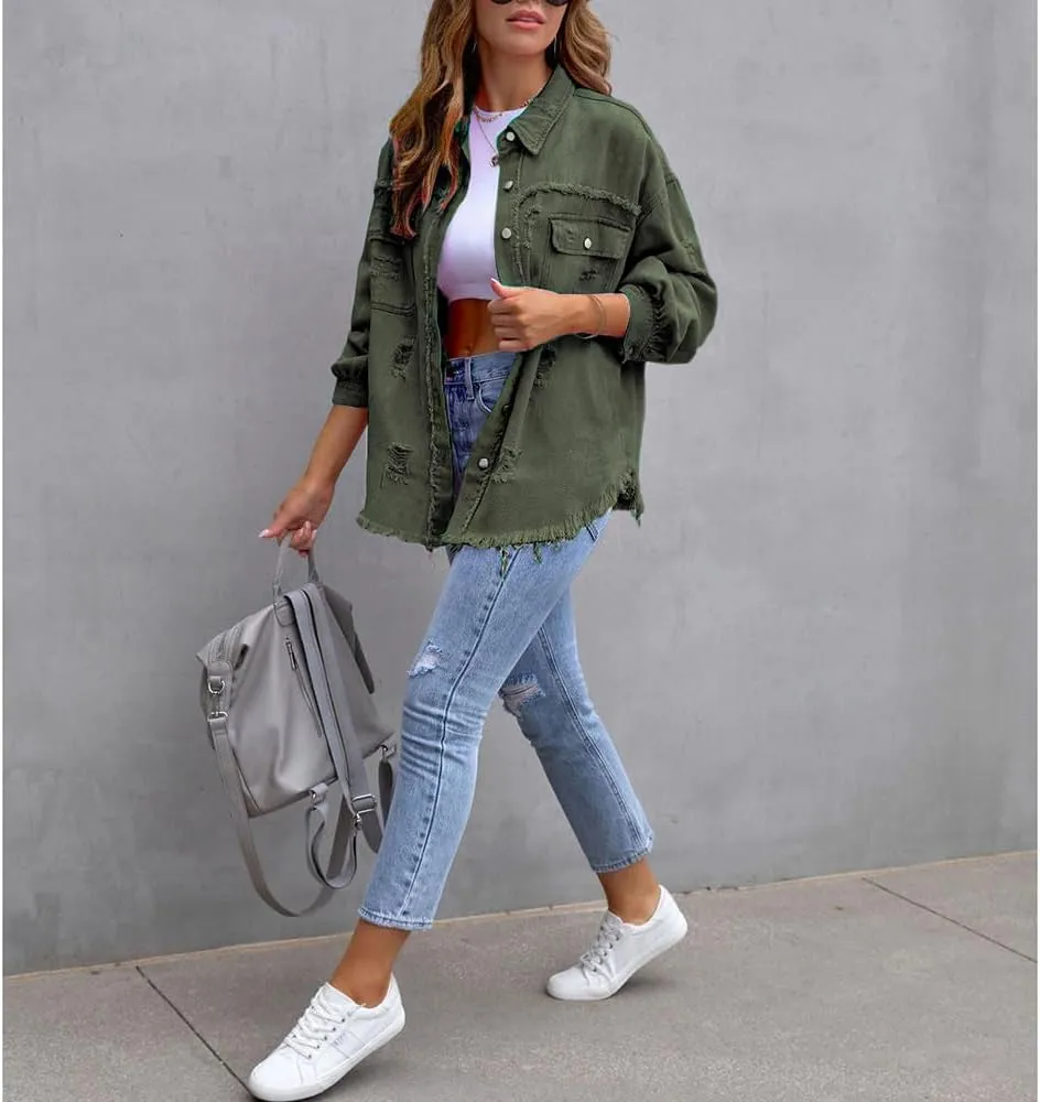 ZOCANIA Womens Ripped Denim Jacket Frayed Hem Distressed Jacket Button Front Boyfriend Jean Coat Western Shirt with Pockets